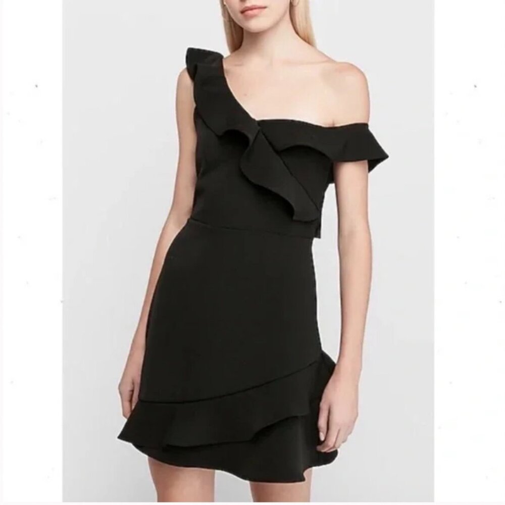Express Off The Shoulder Ruffle Sheath Dress in Black